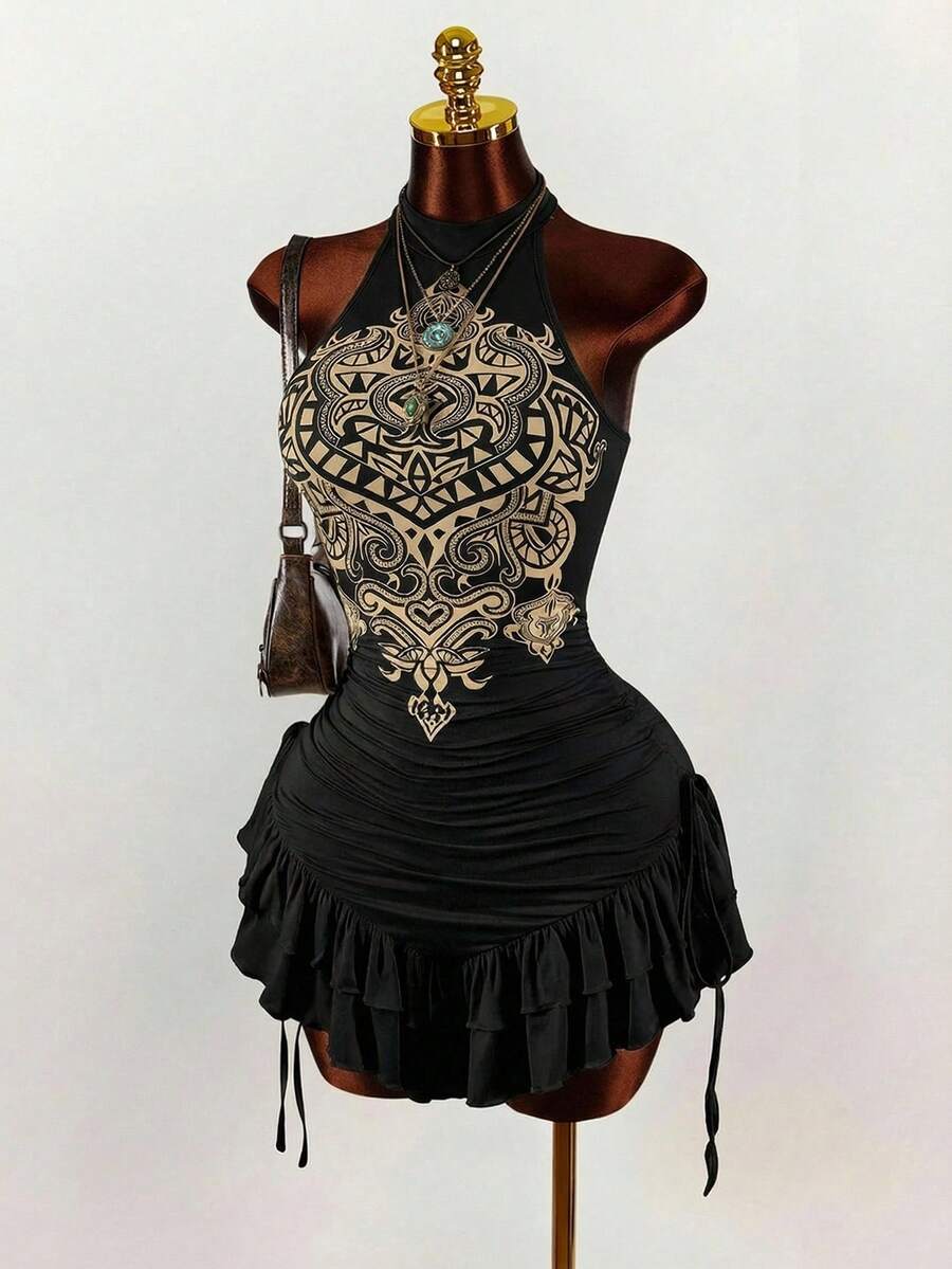 Ruffled High Neck Asymmetrical Mini Dress