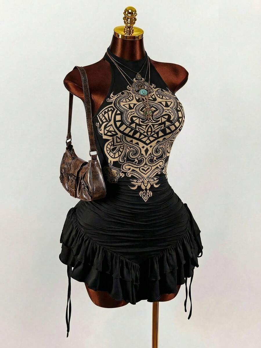 Ruffled High Neck Asymmetrical Mini Dress