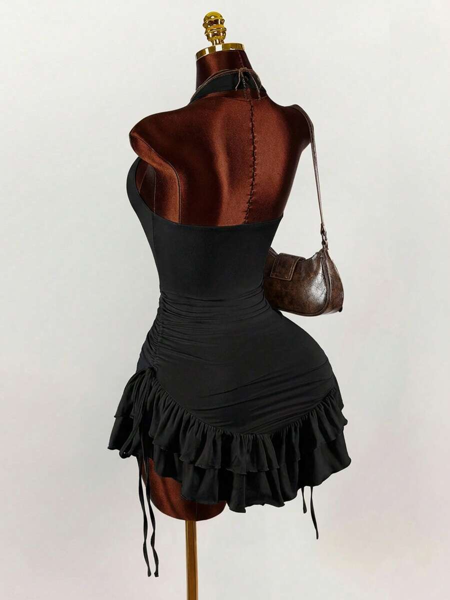Ruffled High Neck Asymmetrical Mini Dress