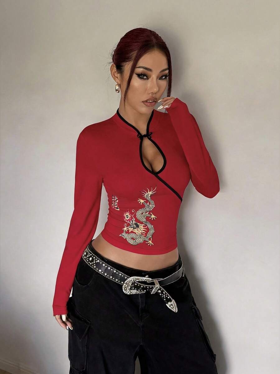 Women's Apricot New Chinese Style Dragon Print Slim Fit Y2K Retro Stand Collar Long Sleeve T-Shirt