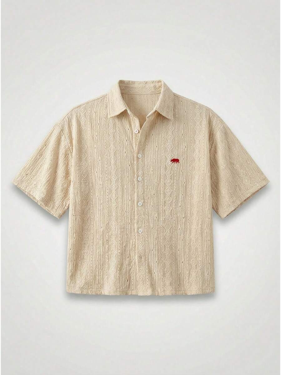 Men's Casual Fashionable Woven Short Sleeve Shirt With Embroidered Polar Bear Design, Suitable For Summer