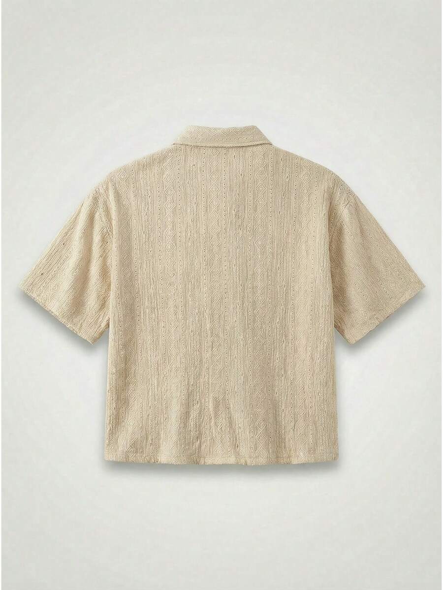 Men's Casual Fashionable Woven Short Sleeve Shirt With Embroidered Polar Bear Design, Suitable For Summer