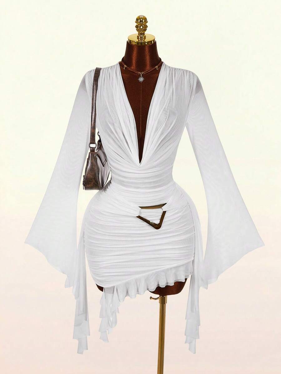 Ruffle Halter Neck Mesh Mini Dress