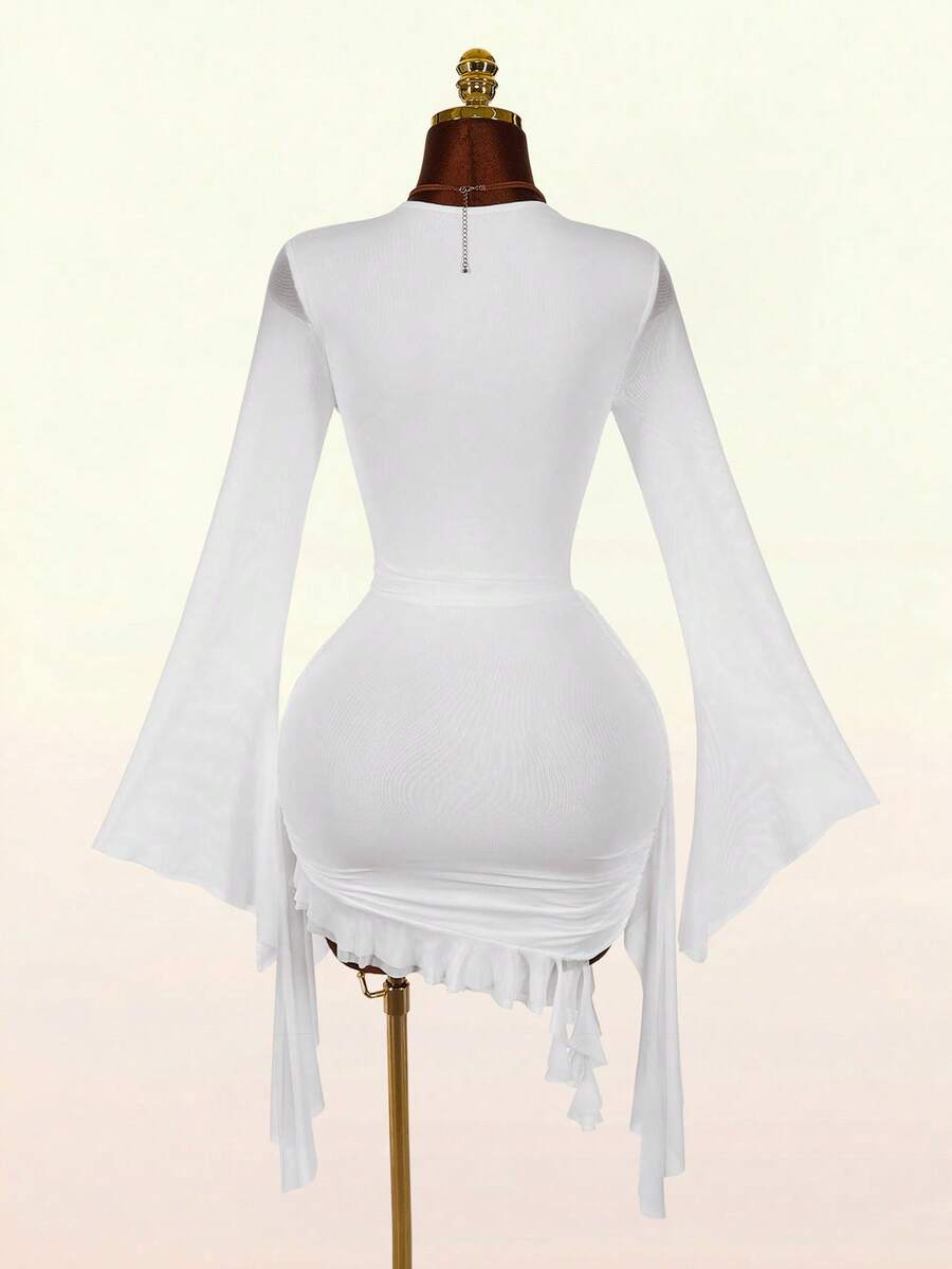 Ruffle Halter Neck Mesh Mini Dress