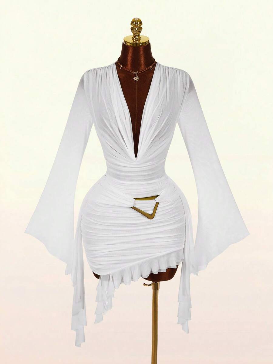 Ruffle Halter Neck Mesh Mini Dress