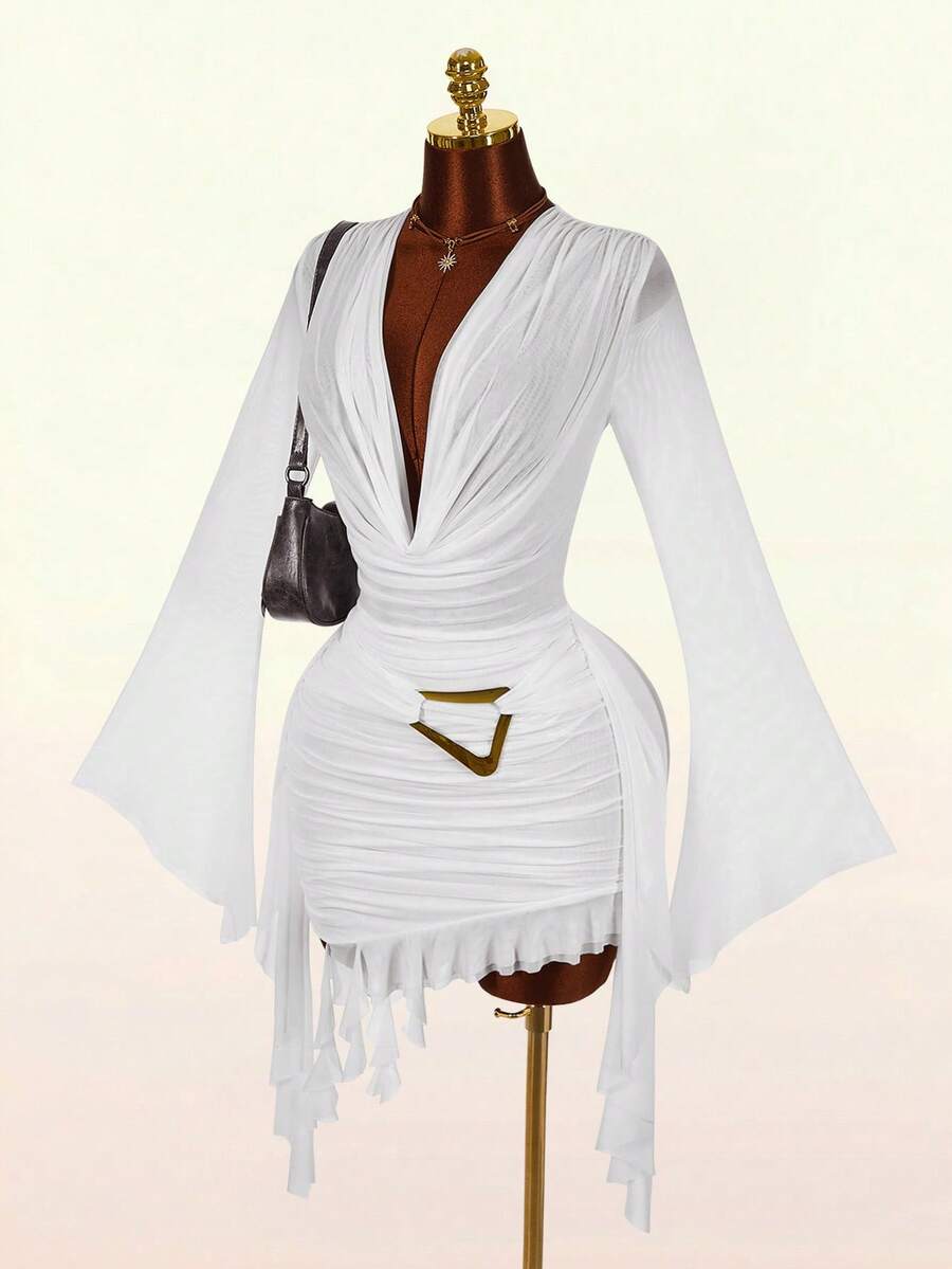 Ruffle Halter Neck Mesh Mini Dress