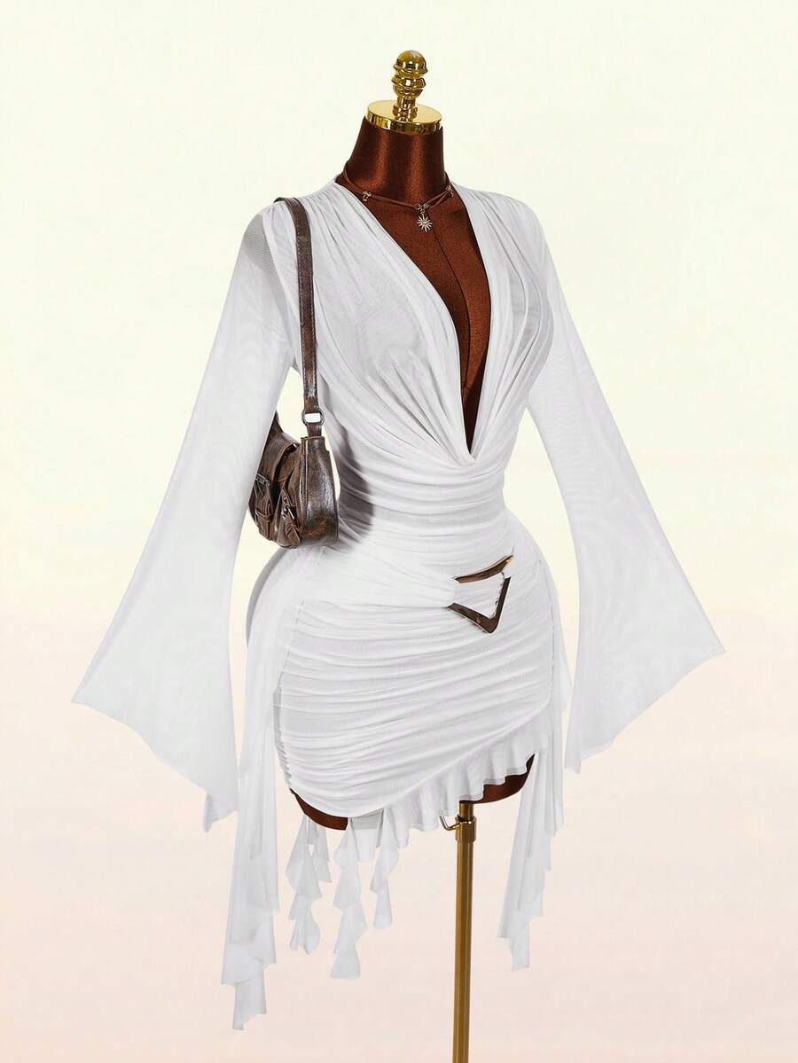 Ruffle Halter Neck Mesh Mini Dress