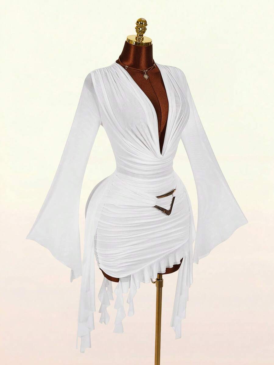Ruffle Halter Neck Mesh Mini Dress