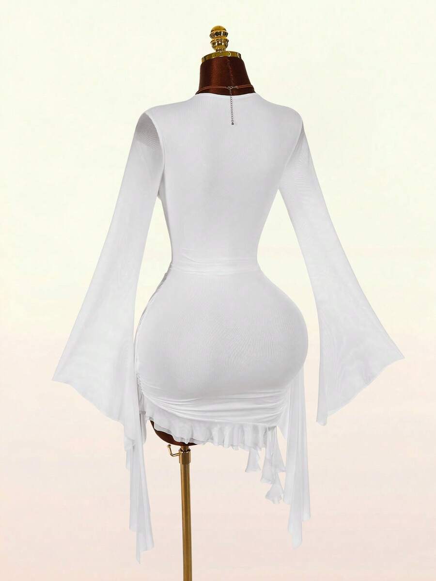 Ruffle Halter Neck Mesh Mini Dress