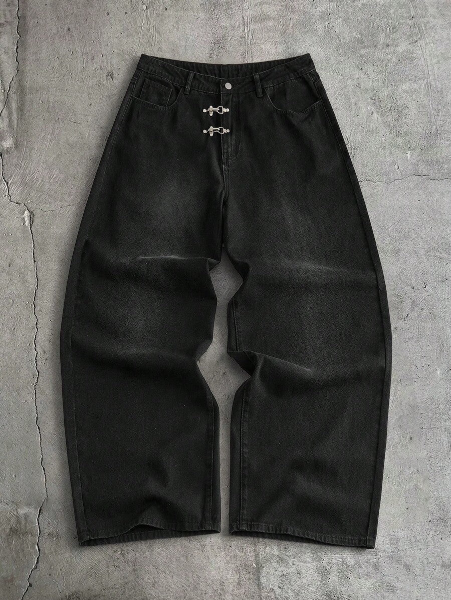 Fashionable Straight Loose Fit Patchwork Frayed Hem Men's Baggy Denim Jeans, Streetwear Style