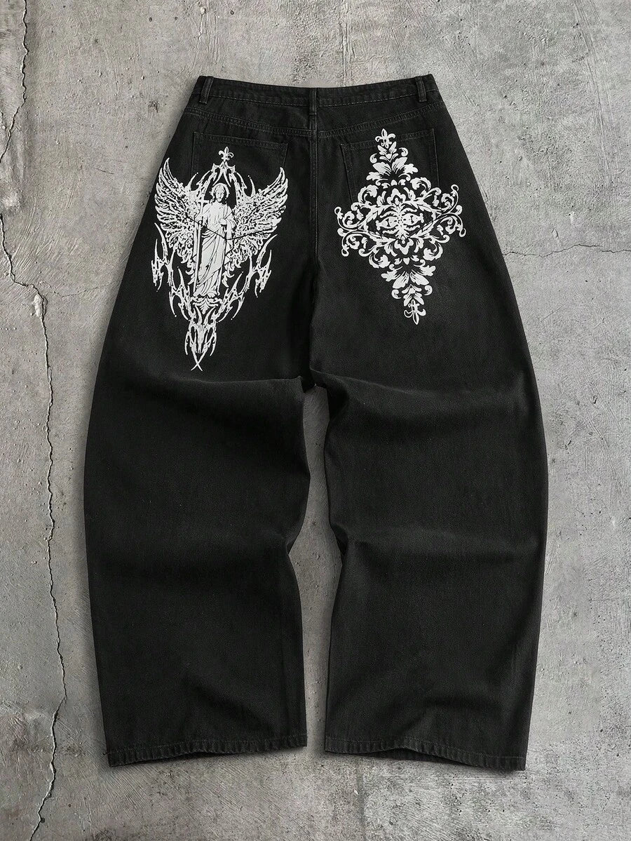 Fashionable Straight Loose Fit Patchwork Frayed Hem Men's Baggy Denim Jeans, Streetwear Style