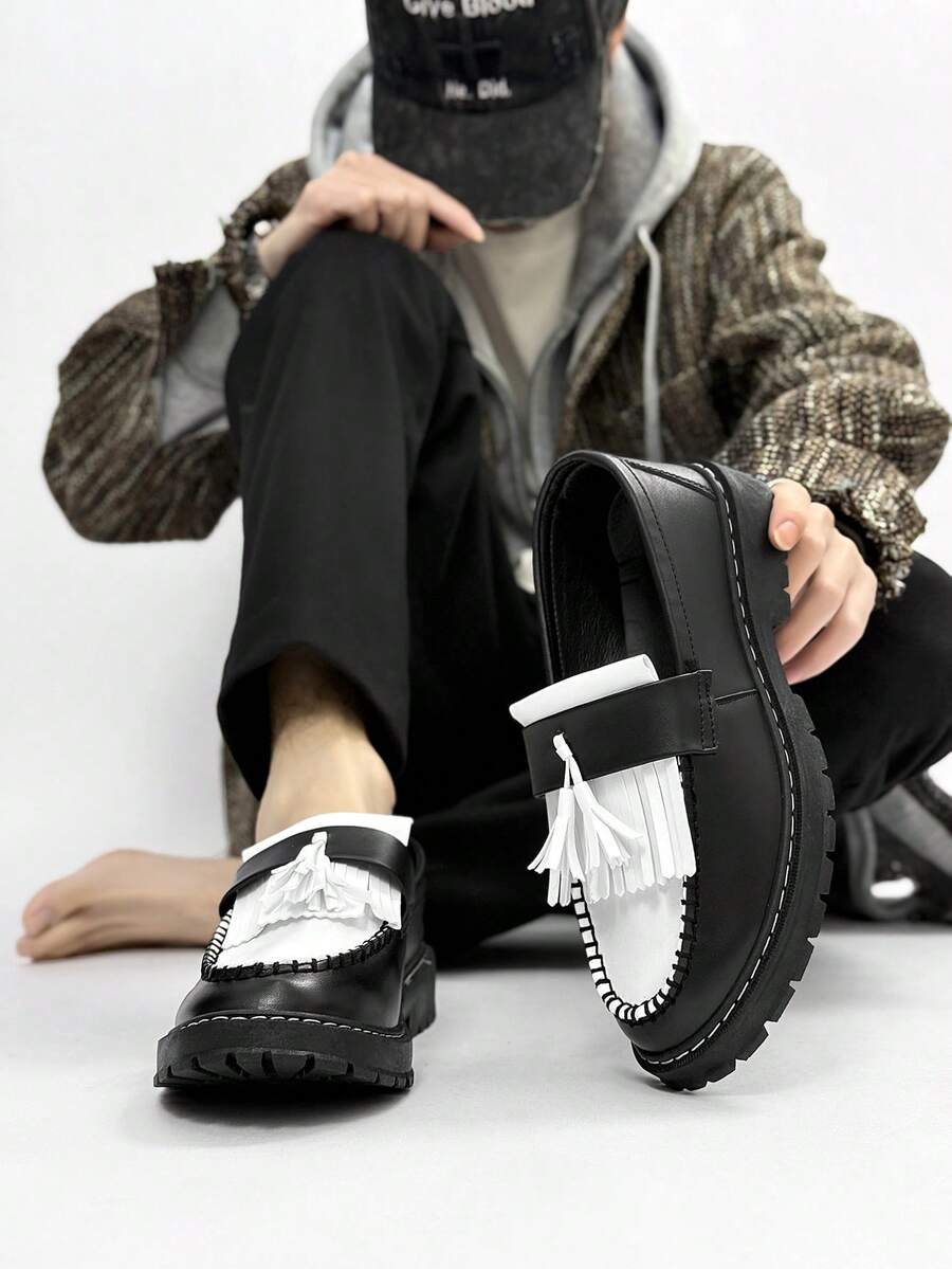 Men's Casual Thick Sole Slip-On Dress Shoes - Solid Black Elevator Dress Shoes, Durable Student Flat, Simple Retro Lightweight Work/Casual Dress Shoes
