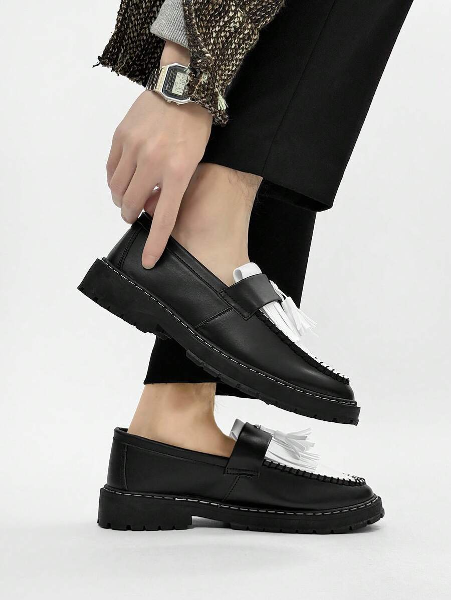 Men's Casual Thick Sole Slip-On Dress Shoes - Solid Black Elevator Dress Shoes, Durable Student Flat, Simple Retro Lightweight Work/Casual Dress Shoes