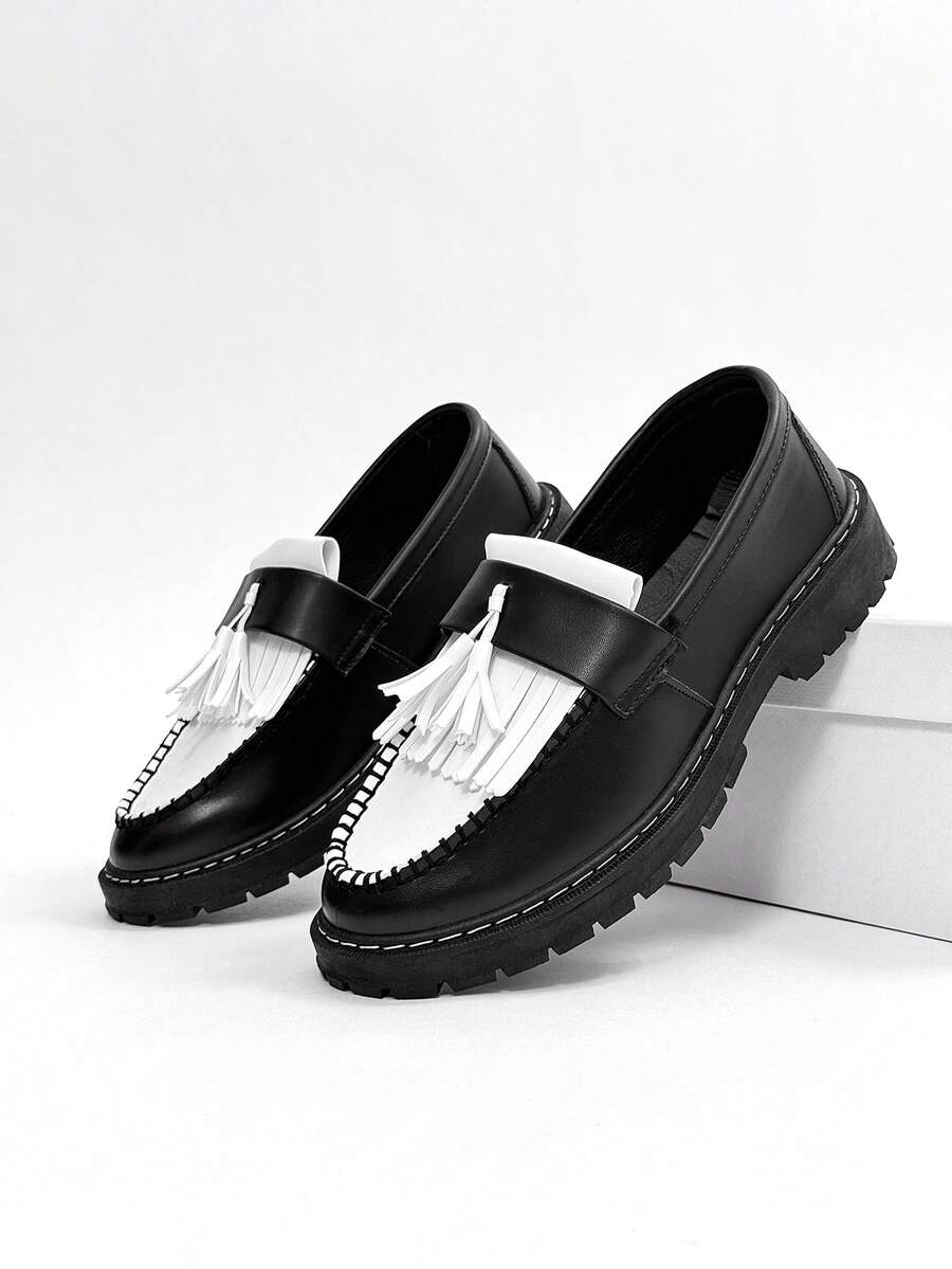 Men's Casual Thick Sole Slip-On Dress Shoes - Solid Black Elevator Dress Shoes, Durable Student Flat, Simple Retro Lightweight Work/Casual Dress Shoes