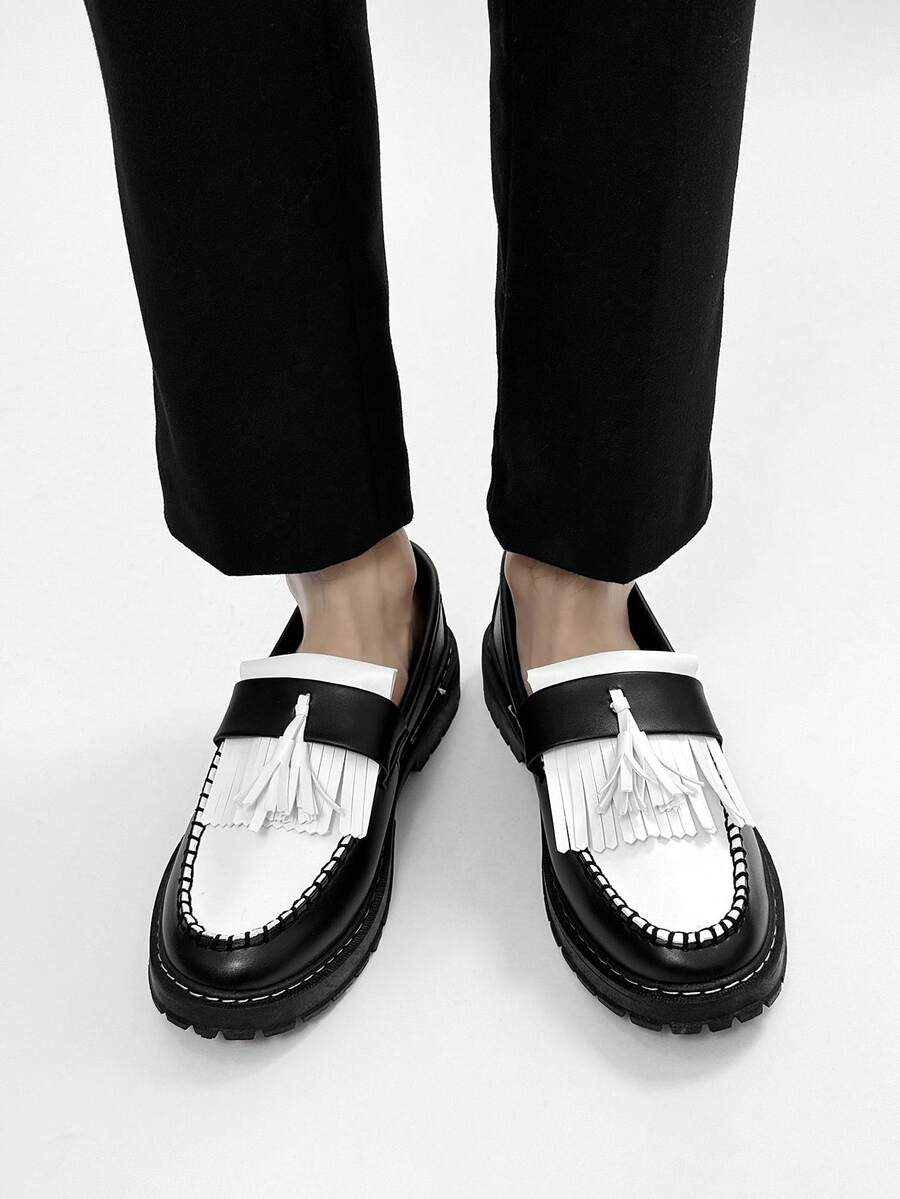 Men's Casual Thick Sole Slip-On Dress Shoes - Solid Black Elevator Dress Shoes, Durable Student Flat, Simple Retro Lightweight Work/Casual Dress Shoes