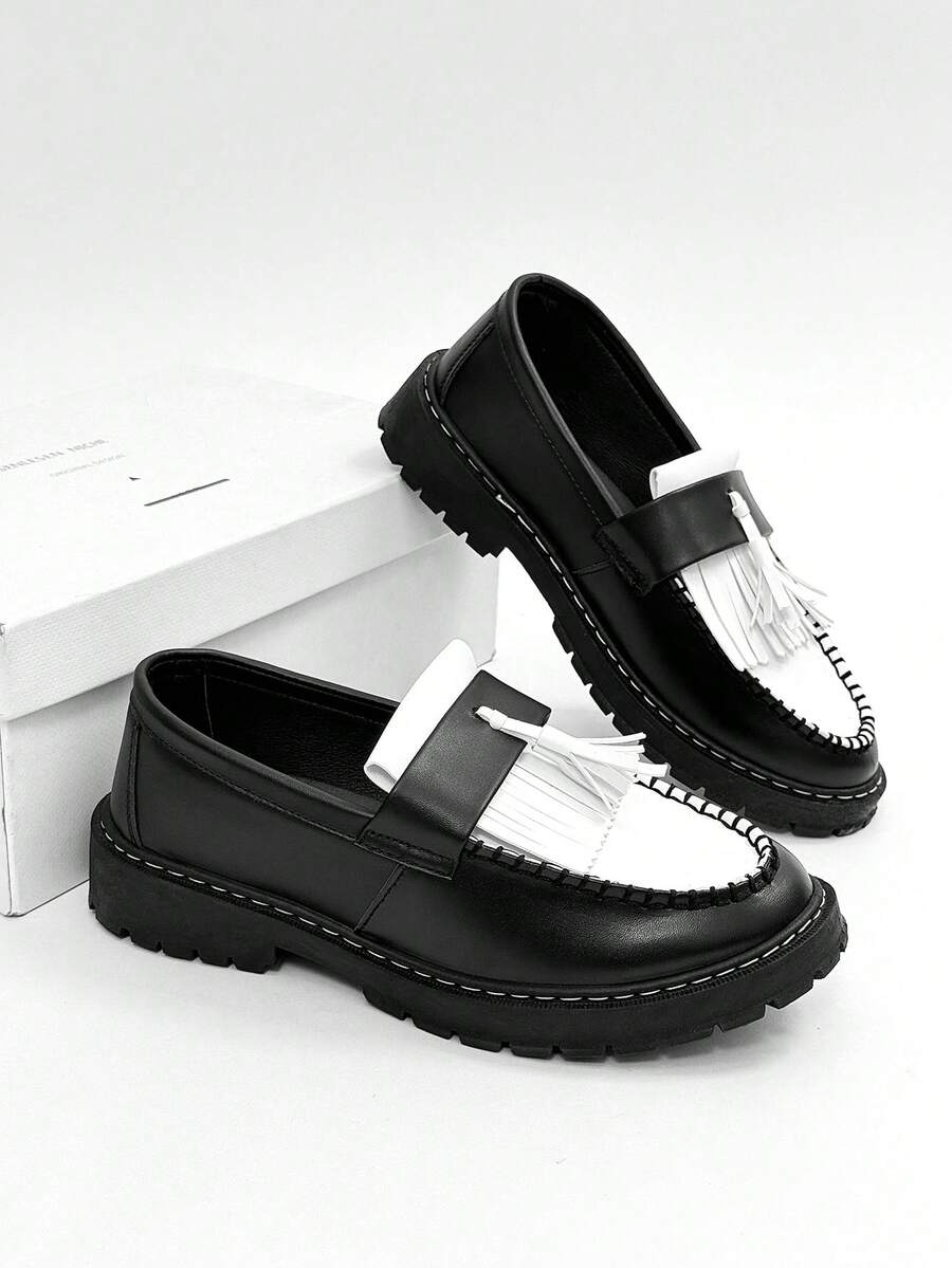 Men's Casual Thick Sole Slip-On Dress Shoes - Solid Black Elevator Dress Shoes, Durable Student Flat, Simple Retro Lightweight Work/Casual Dress Shoes
