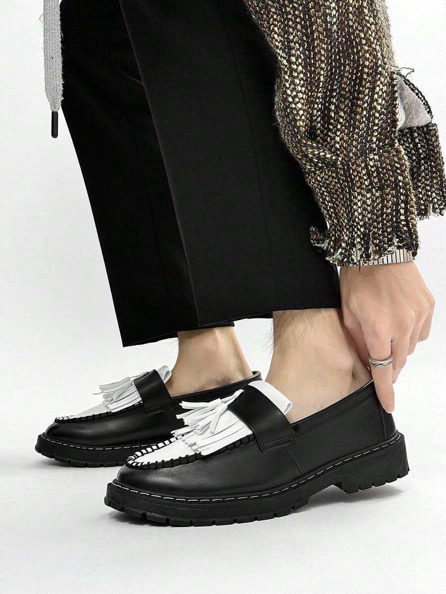 Men's Casual Thick Sole Slip-On Dress Shoes - Solid Black Elevator Dress Shoes, Durable Student Flat, Simple Retro Lightweight Work/Casual Dress Shoes