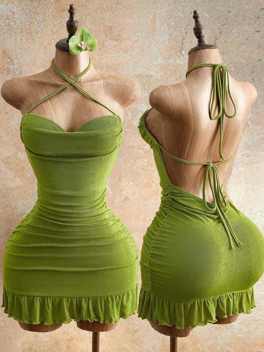 Drawstring Halter Cami Mini Bodycon Dress