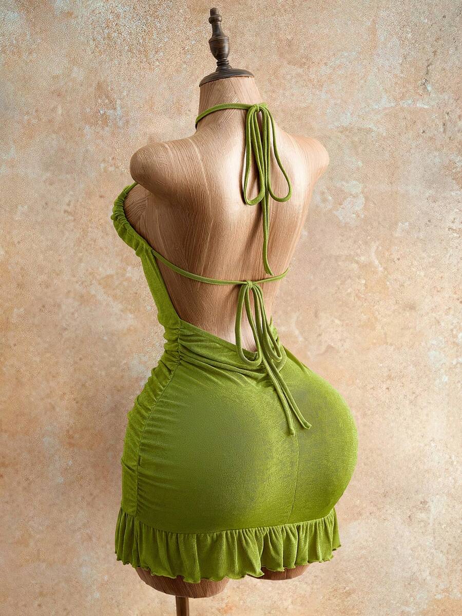 Drawstring Halter Cami Mini Bodycon Dress