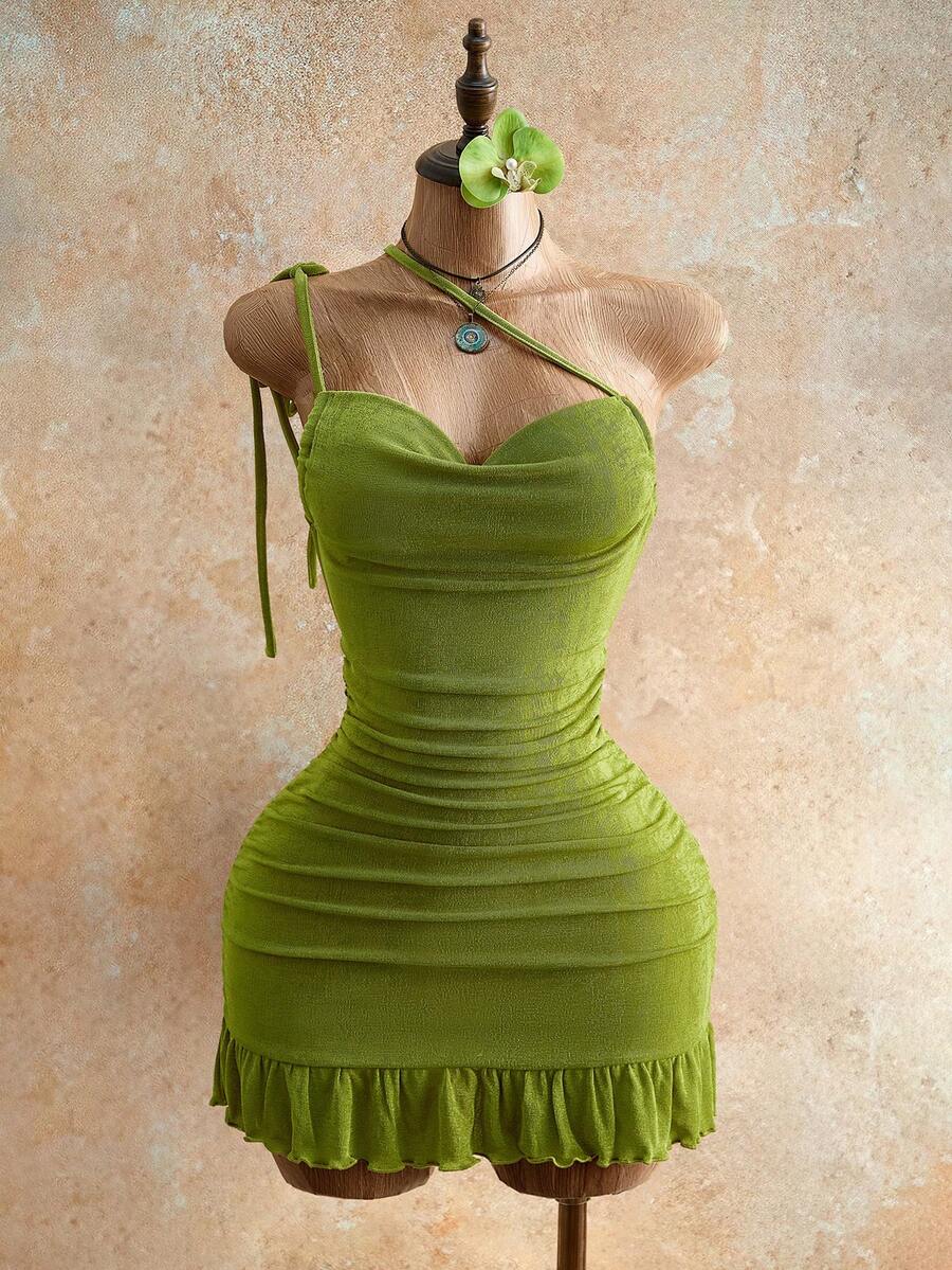 Drawstring Halter Cami Mini Bodycon Dress