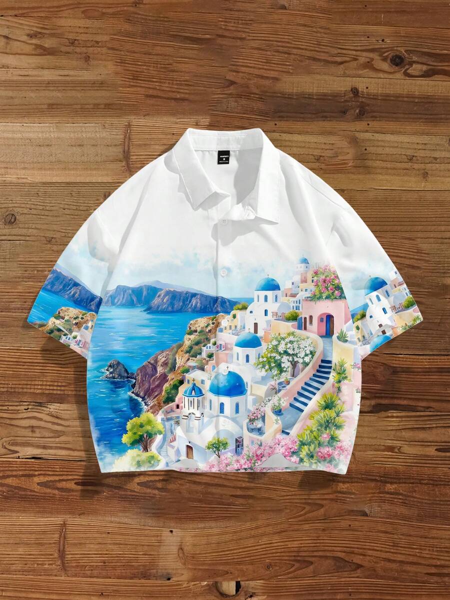 Men's Graffiti Print Loose Cropped Shirt