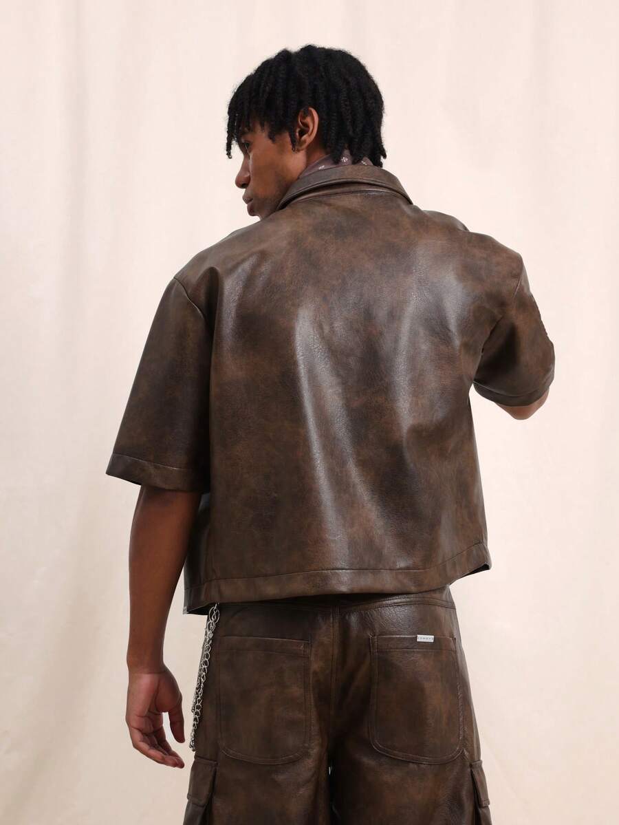 Men's Brown Faux Leather Short Sleeve Shirt