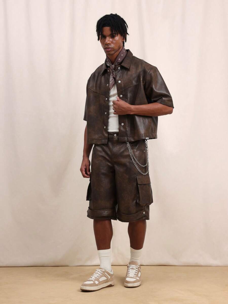 Men's Brown Faux Leather Short Sleeve Shirt