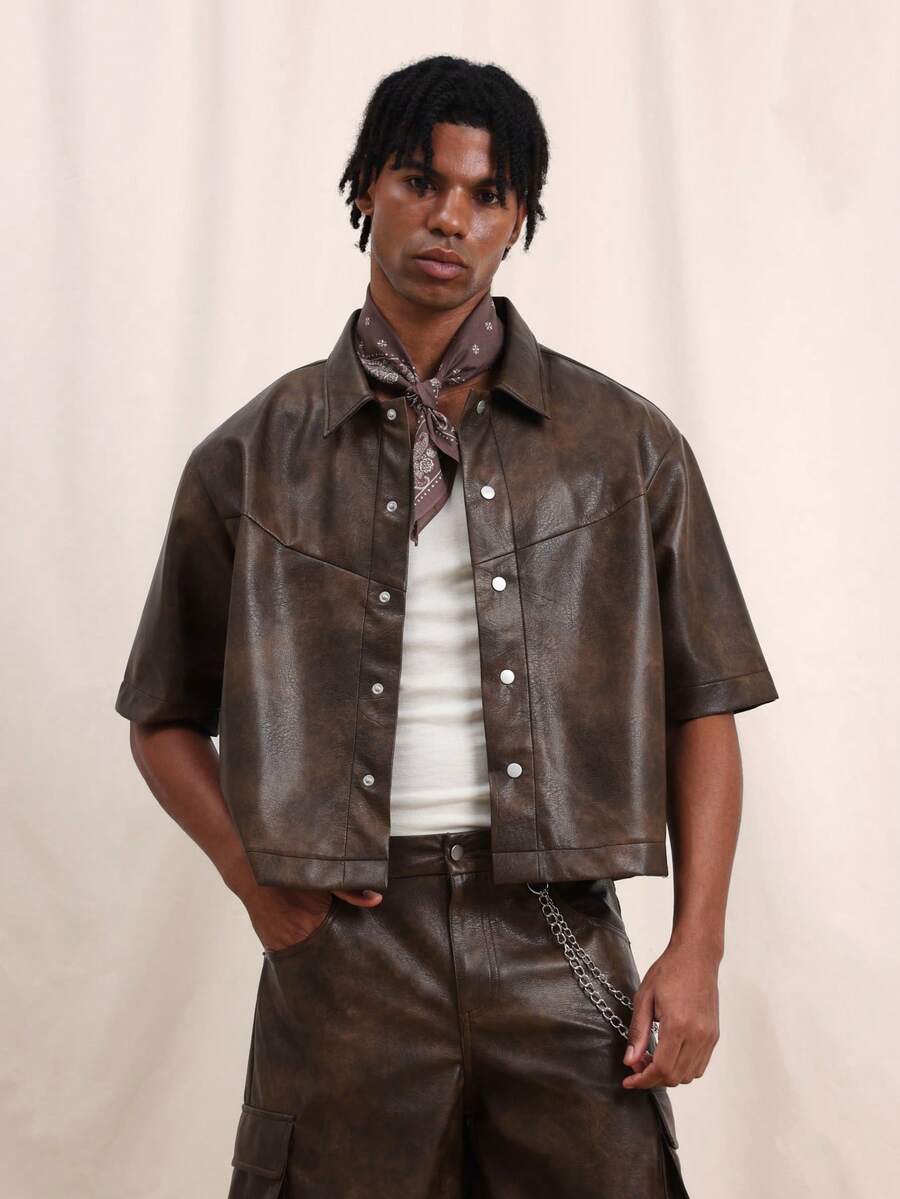 Men's Brown Faux Leather Short Sleeve Shirt
