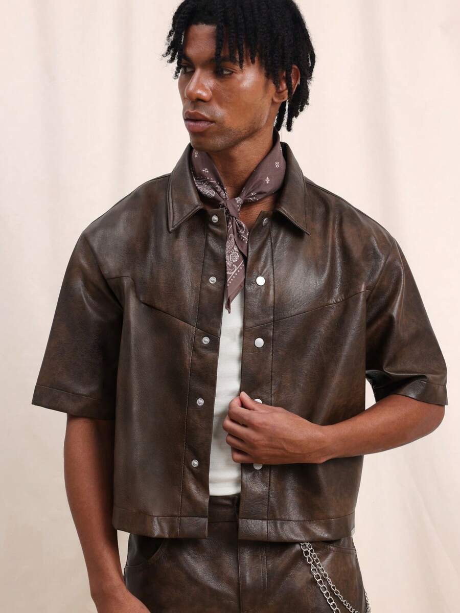 Men's Brown Faux Leather Short Sleeve Shirt