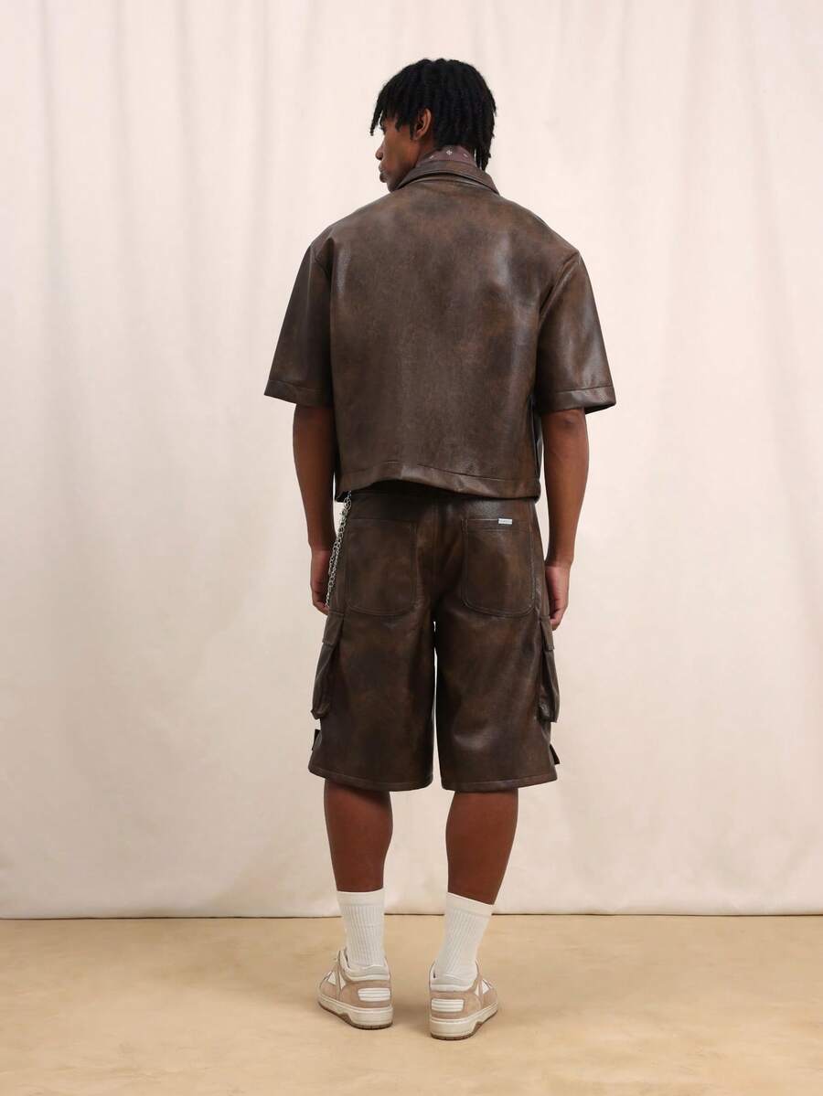 Men's Brown Faux Leather Short Sleeve Shirt