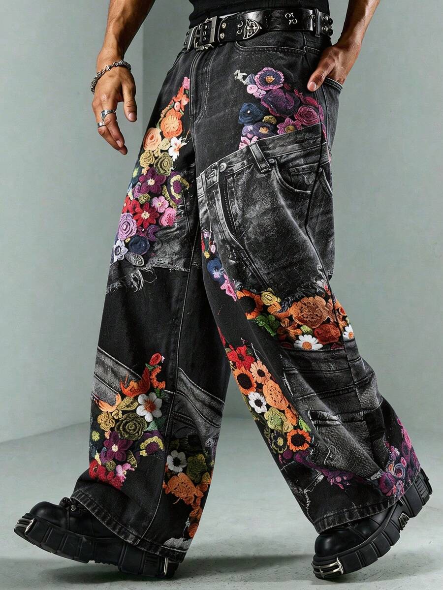 Floral Patchwork Curved Blade Jeans