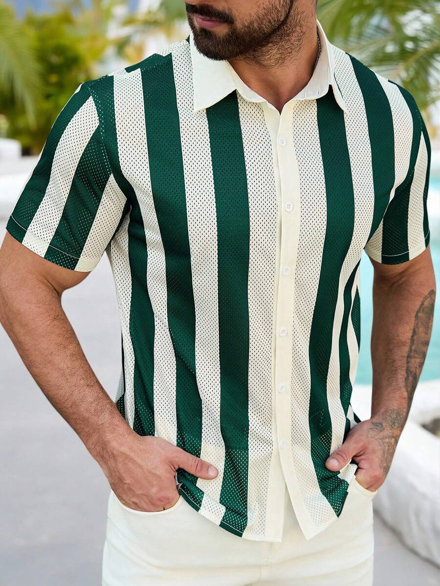 Men's Solid Color Jacquard Knit Short Sleeve Shirt