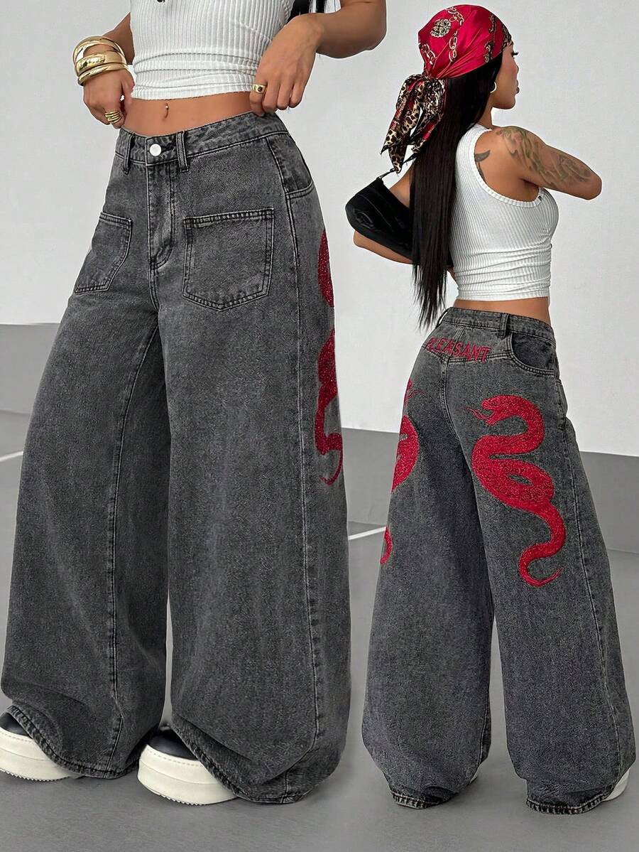 Women's Street Casual Y2K Style Embroidered Wide Leg Jeans