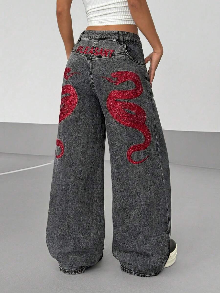 Women's Street Casual Y2K Style Embroidered Wide Leg Jeans