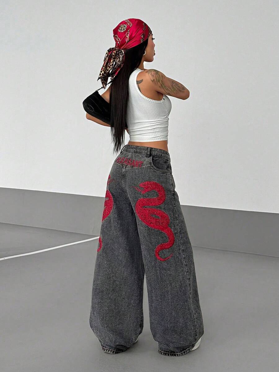 Women's Street Casual Y2K Style Embroidered Wide Leg Jeans