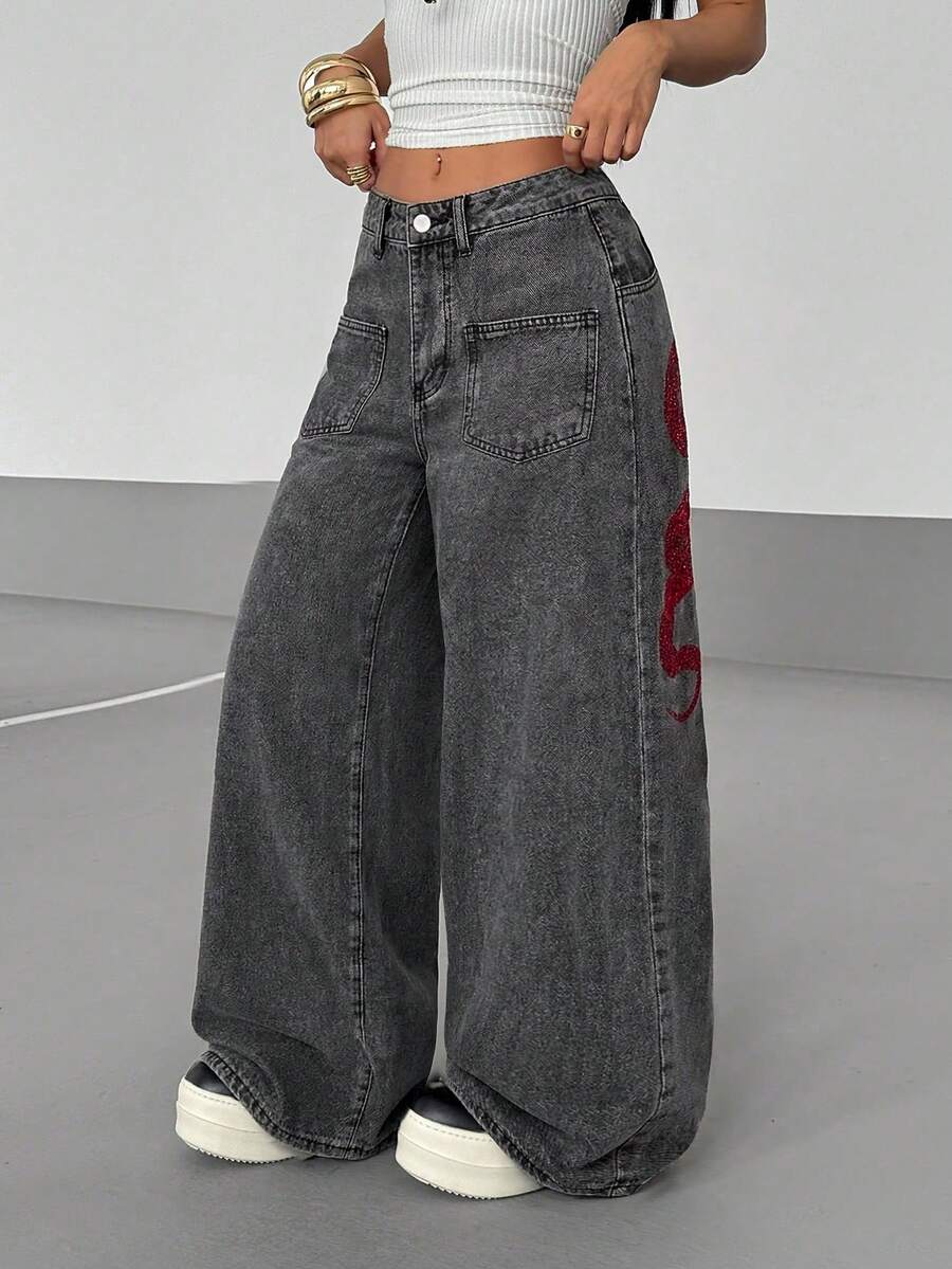Women's Street Casual Y2K Style Embroidered Wide Leg Jeans