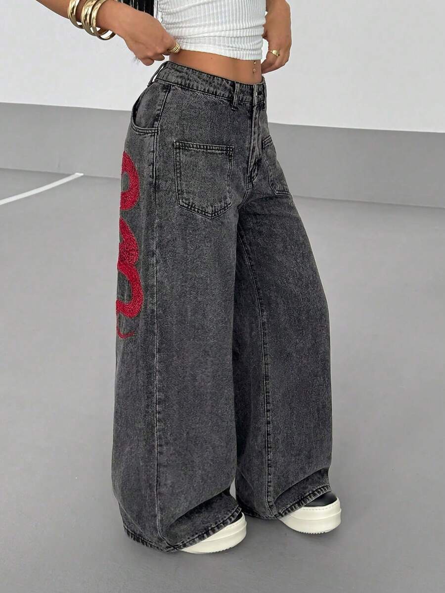 Women's Street Casual Y2K Style Embroidered Wide Leg Jeans