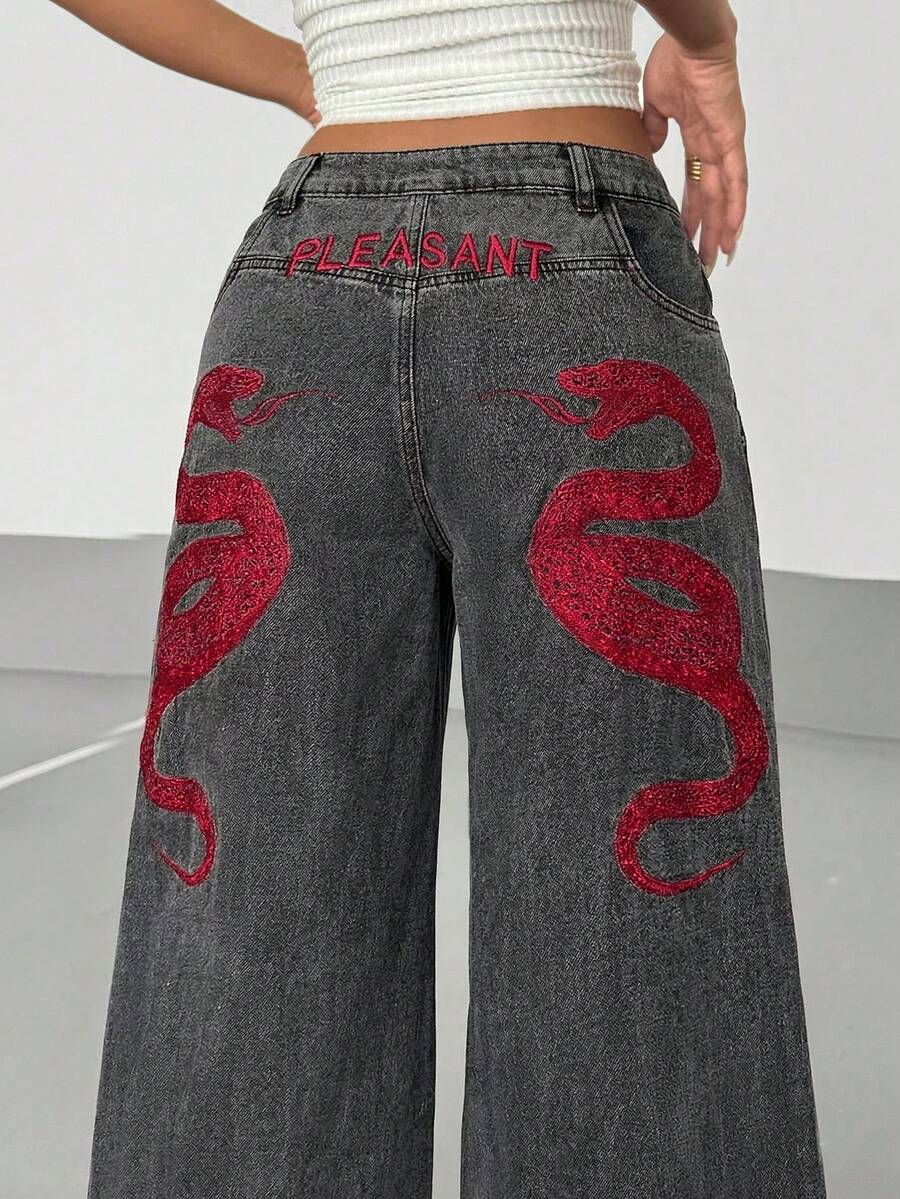 Women's Street Casual Y2K Style Embroidered Wide Leg Jeans