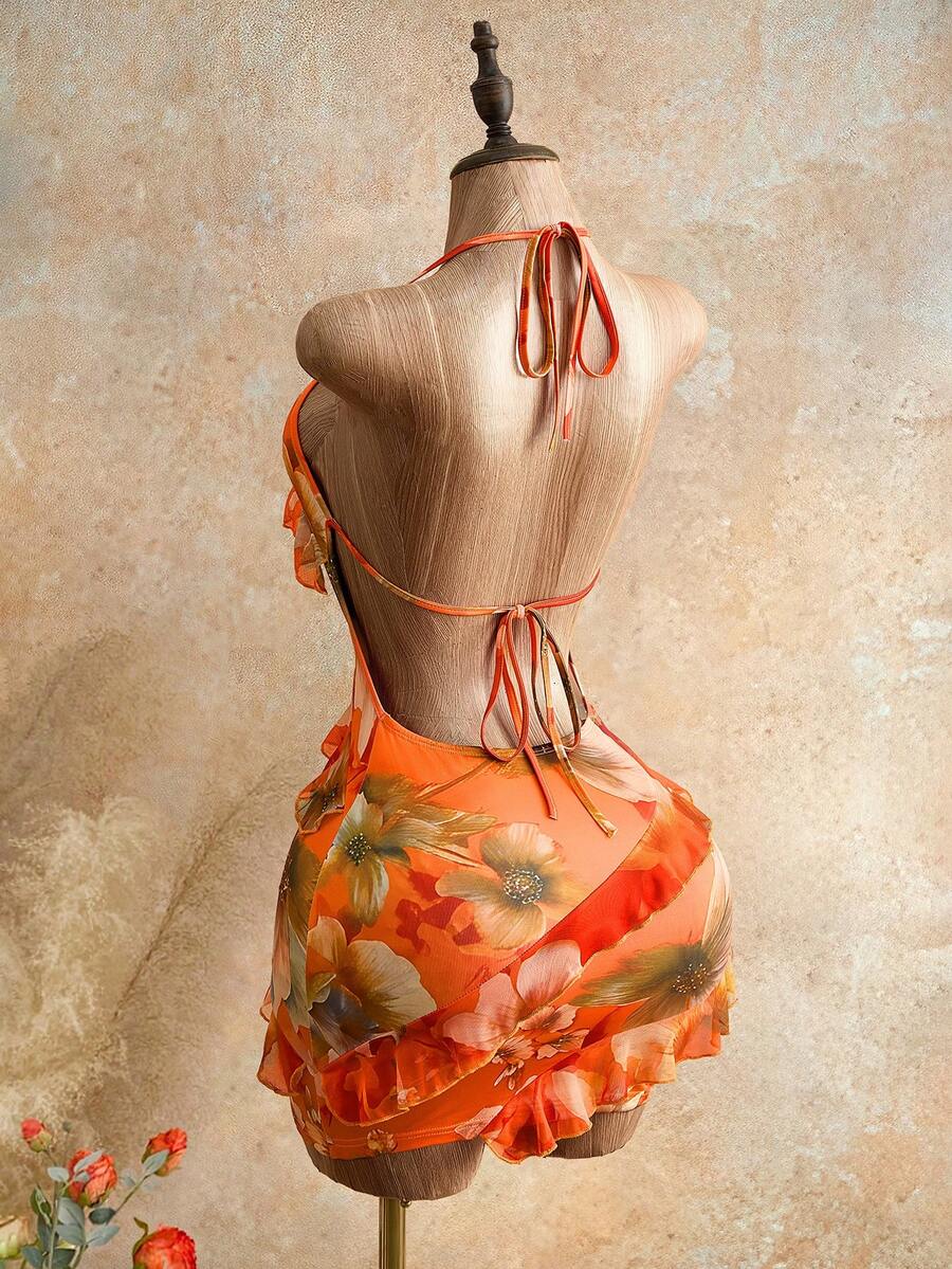 Floral Print Ruffled Halter Mini Dress