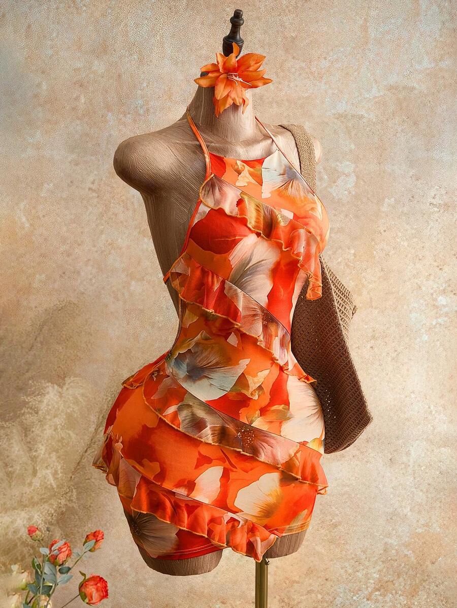 Floral Print Ruffled Halter Mini Dress