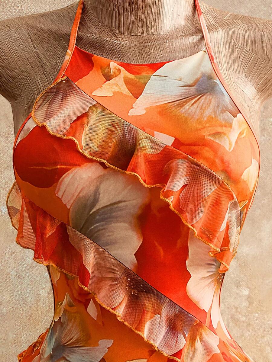 Floral Print Ruffled Halter Mini Dress