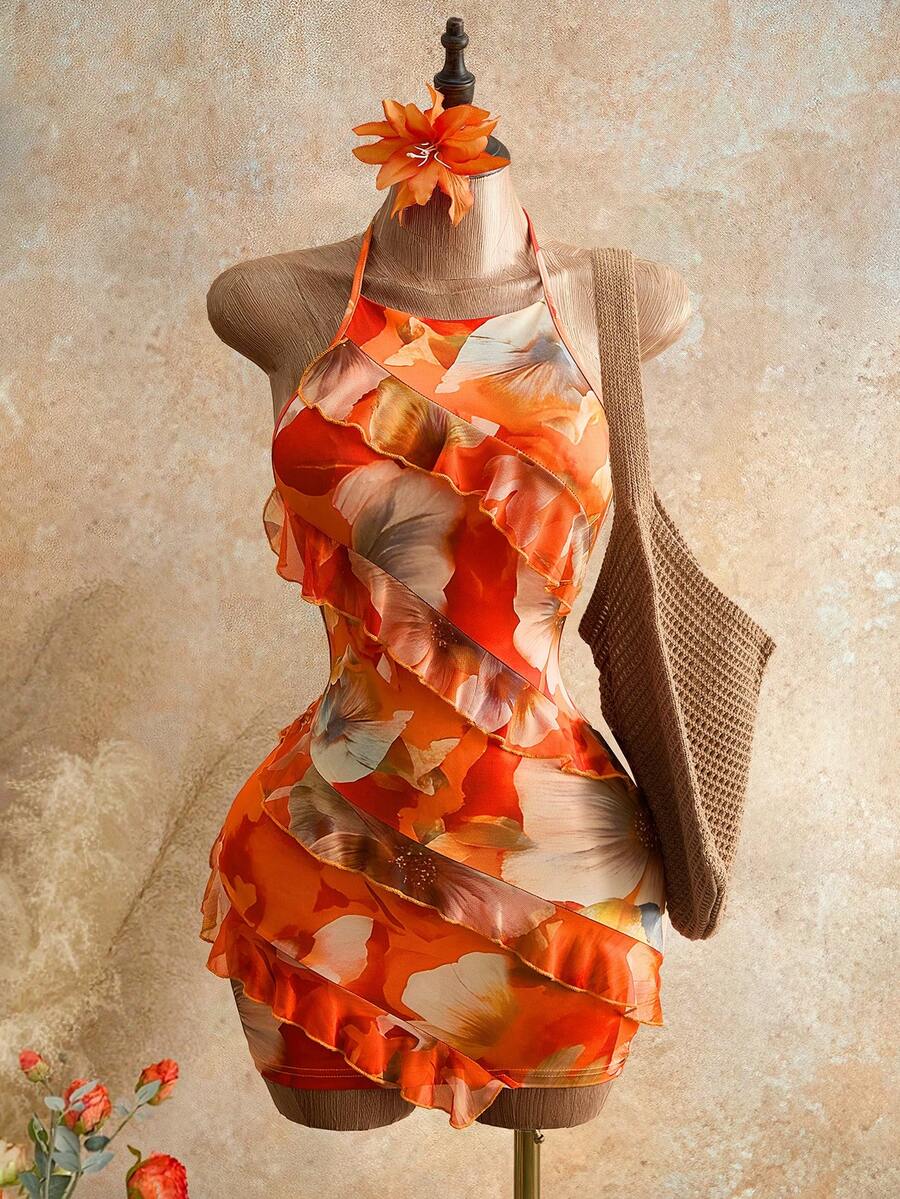 Floral Print Ruffled Halter Mini Dress
