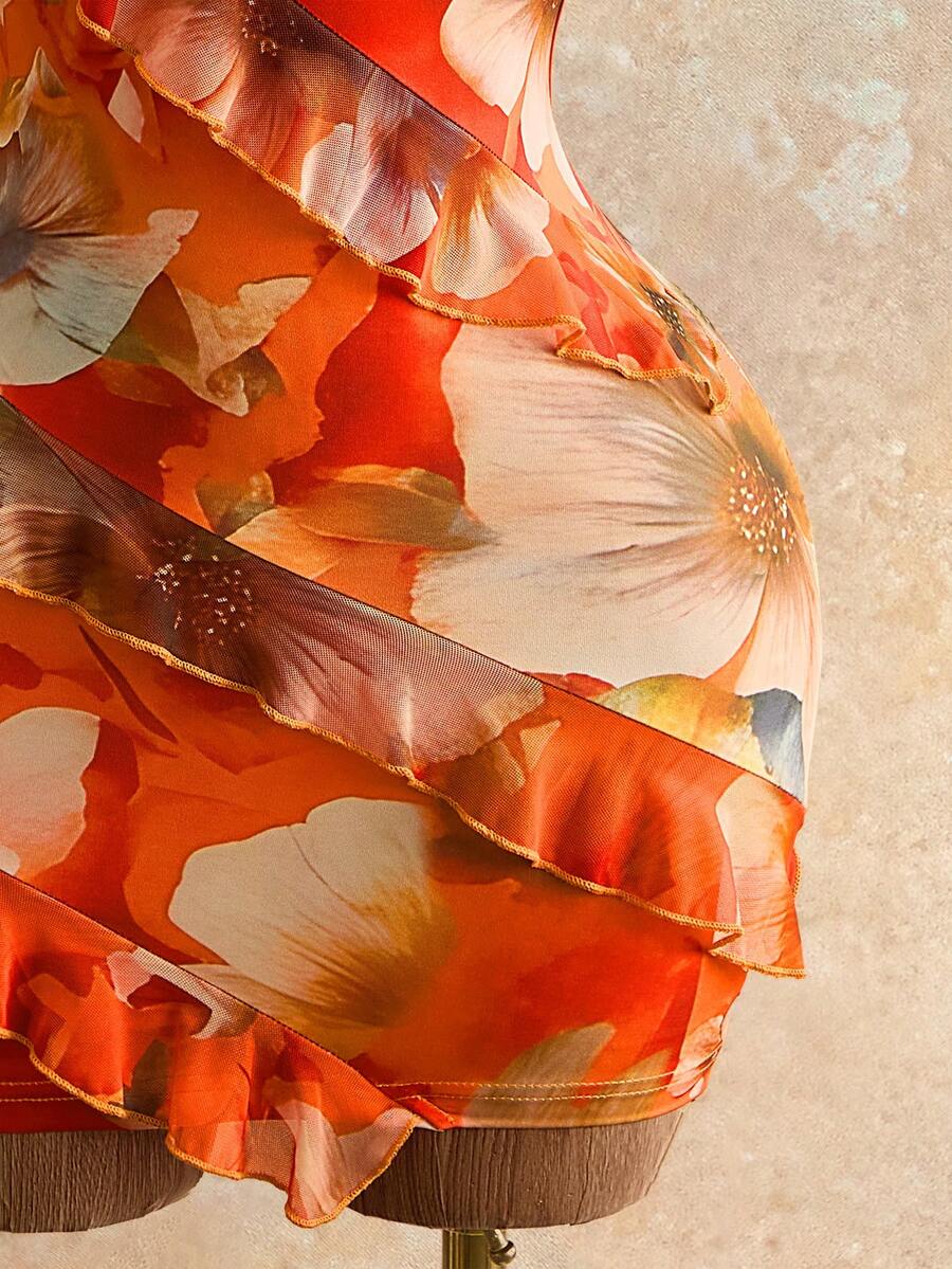 Floral Print Ruffled Halter Mini Dress