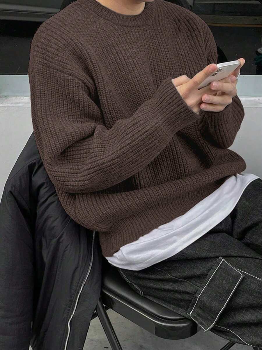 Men's Knit Drop Shoulder Crew Neck Pullover Sweater