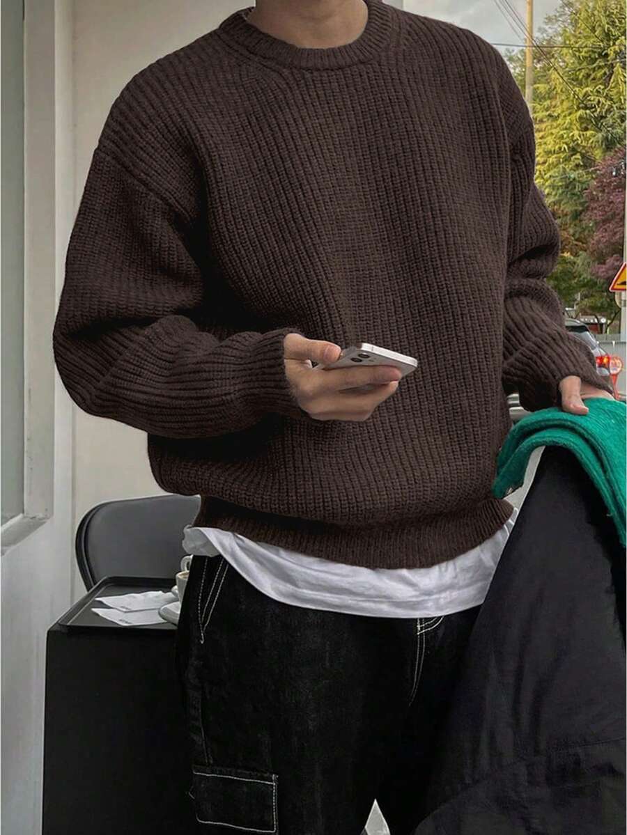 Men's Knit Drop Shoulder Crew Neck Pullover Sweater