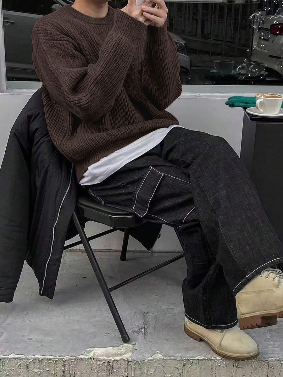 Men's Knit Drop Shoulder Crew Neck Pullover Sweater