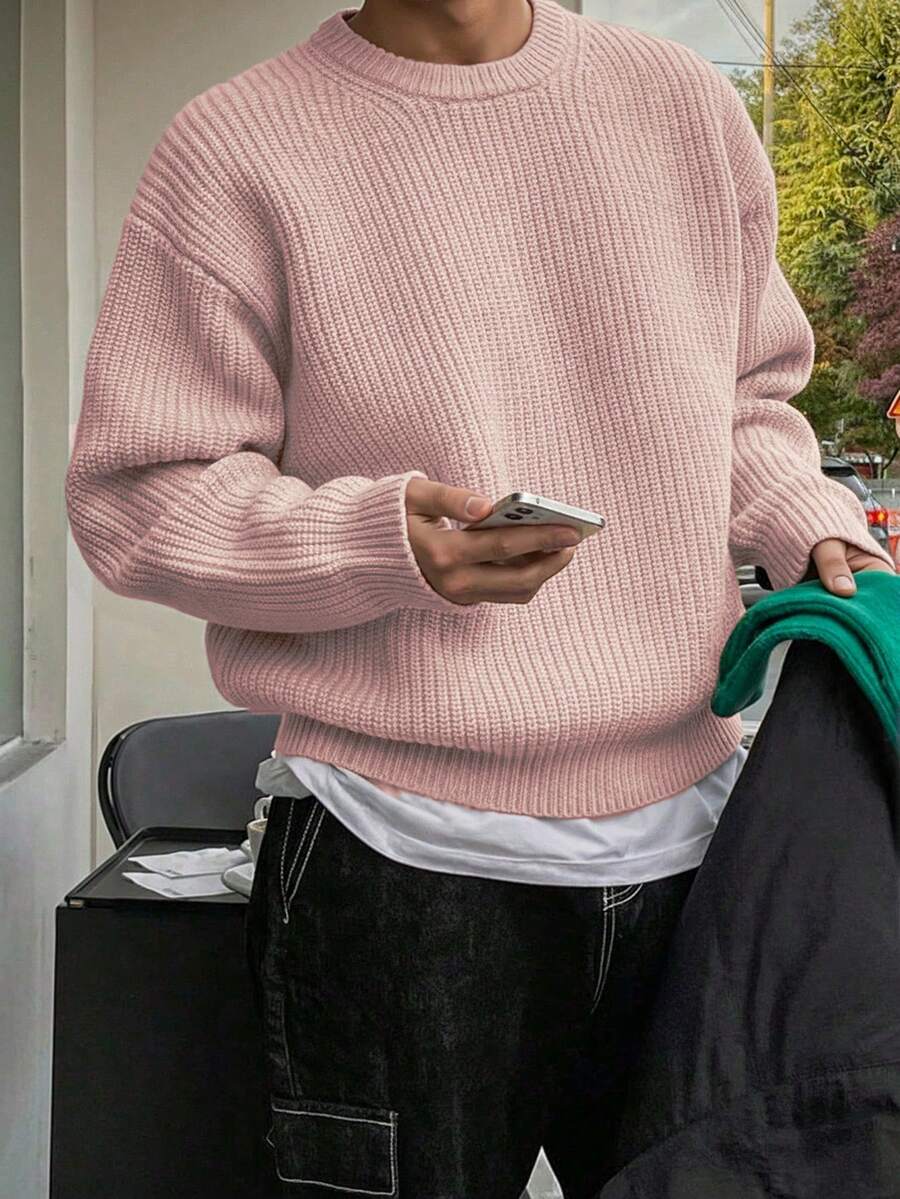 Men's Knit Drop Shoulder Crew Neck Pullover Sweater