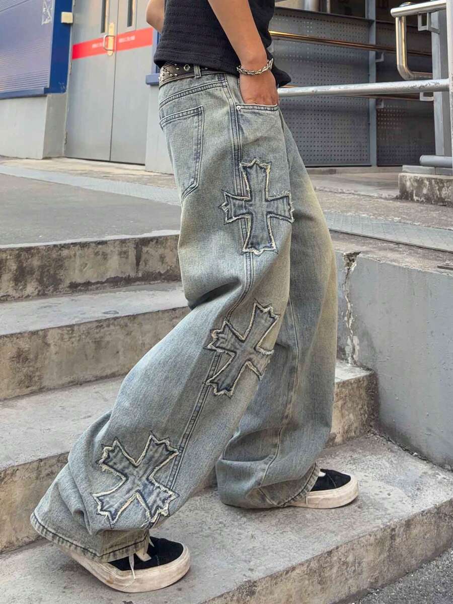 Men's Cross Embroidered Denim Jeans