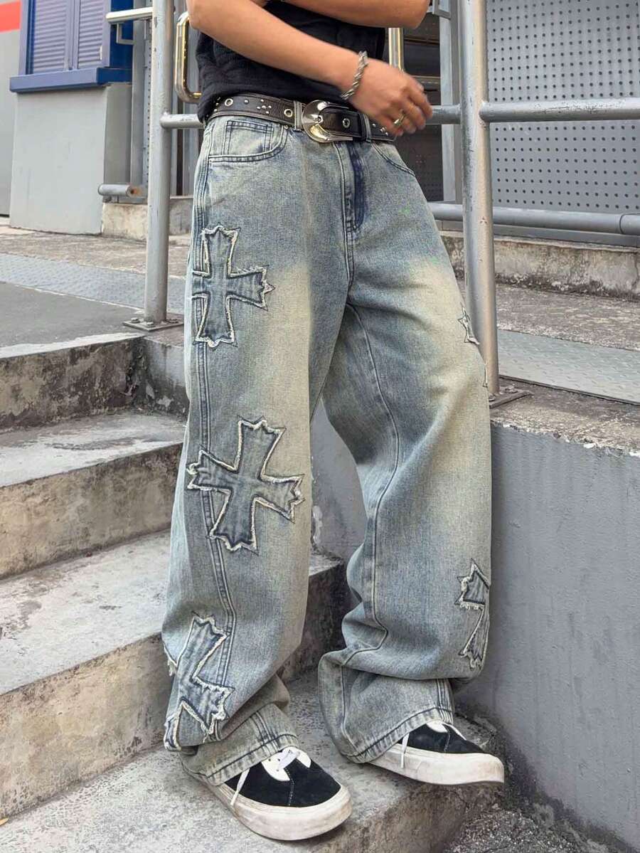 Men's Cross Embroidered Denim Jeans
