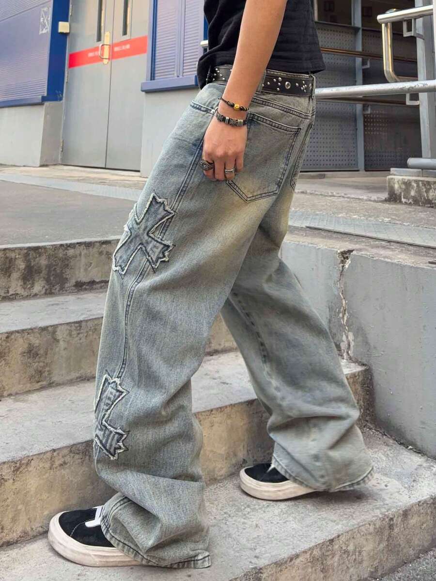 Men's Cross Embroidered Denim Jeans